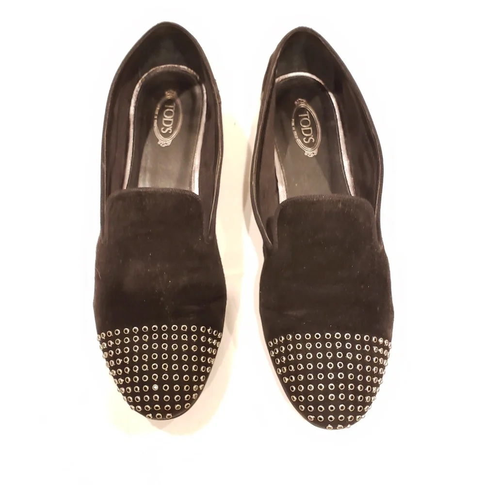 Tod's women's shoes flats Black Suede Studded Smoking Slippers Size 39 silver - Picture 2 of 7